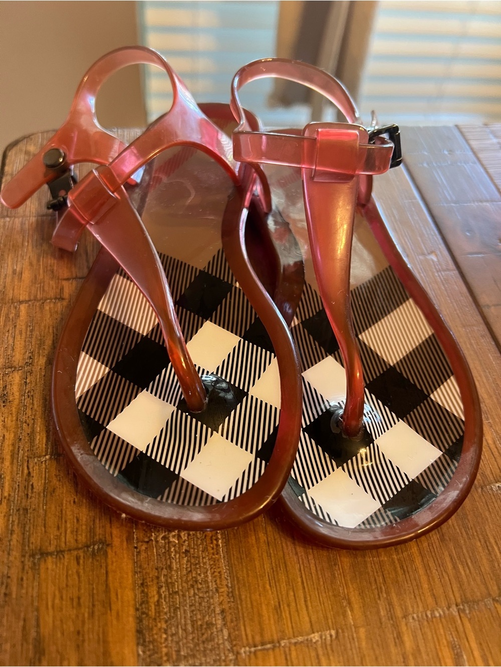 Burberry Pink Clear Jelly T-Strap Sandals with Check Insole